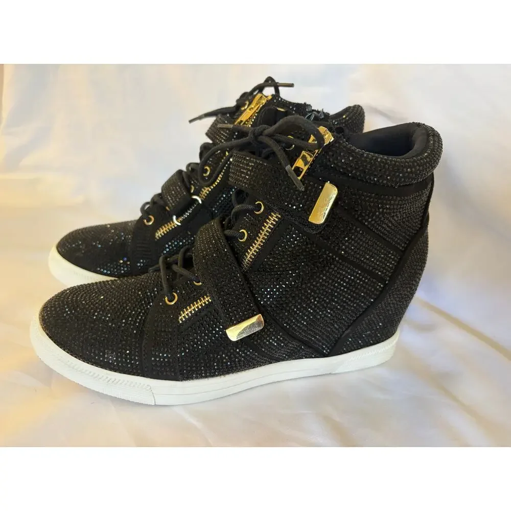 INC International Concepts Debby Rhinestone Wedge Sneakers Black Gold Sz 10